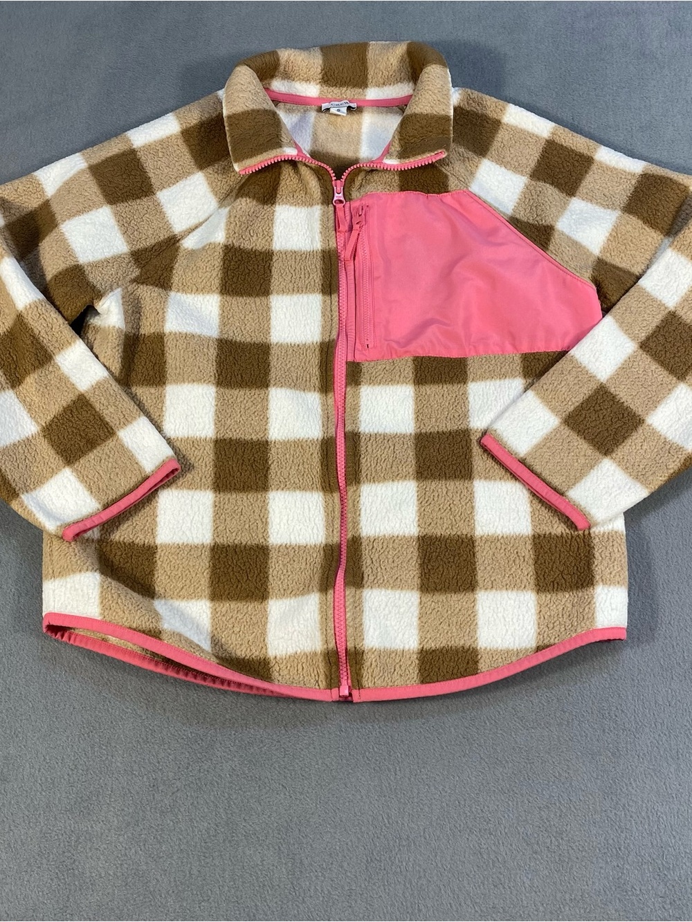 J. Crew Kids Brown & White Check Fleece Jacket with Pink Trim